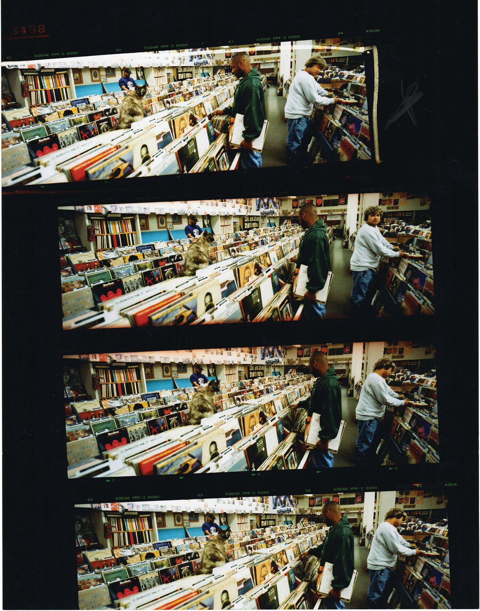 Original takes from the Endtroducing... album cover shoot with Lyrics Born and Chief Xcel at Records record store in Sacramento. Photo by B+.